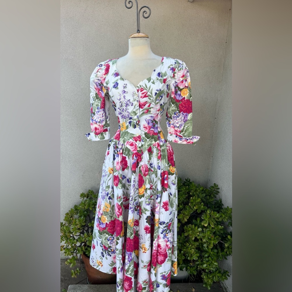 Vintage 80s boho cotton colorful white floral dress Sz 8 Small by Expo